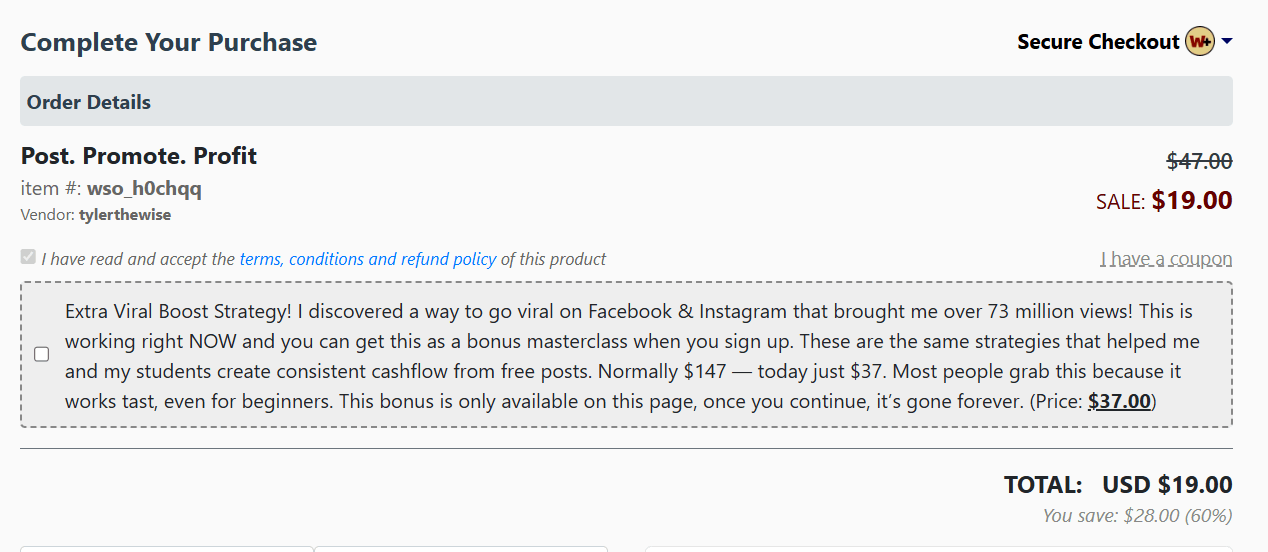 Post. Promote. Profit.™ System  Checkout Page